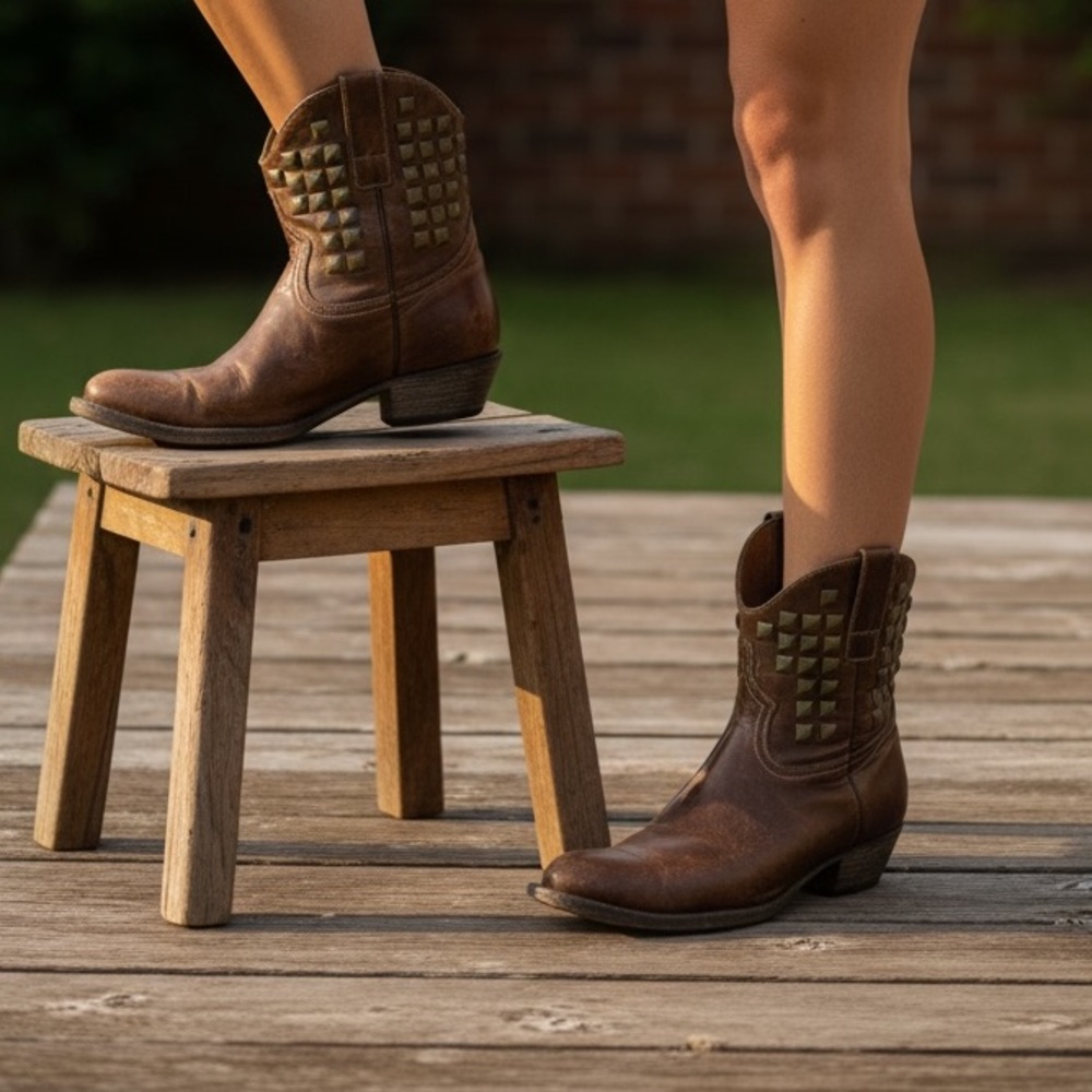 Brown Studded Leather Ankle Boots Size 8